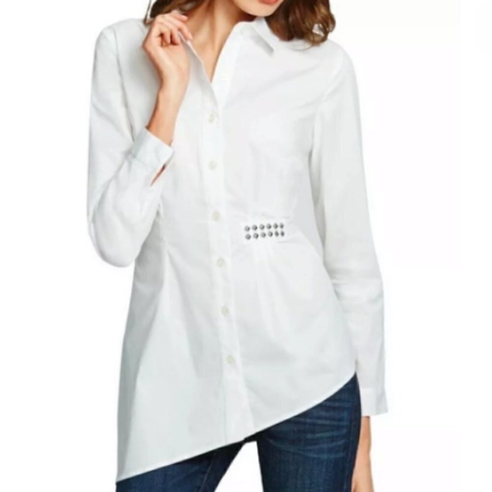 Cabi Chic Asymmetrical Studded Shirt Sz S White 118K‎